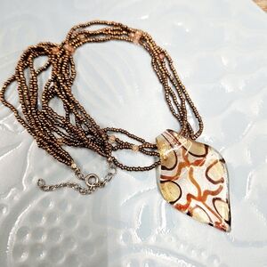 Vintage Handmade Glass Sculpture Pendant Beaded Necklace Bronze Brown Fall Color